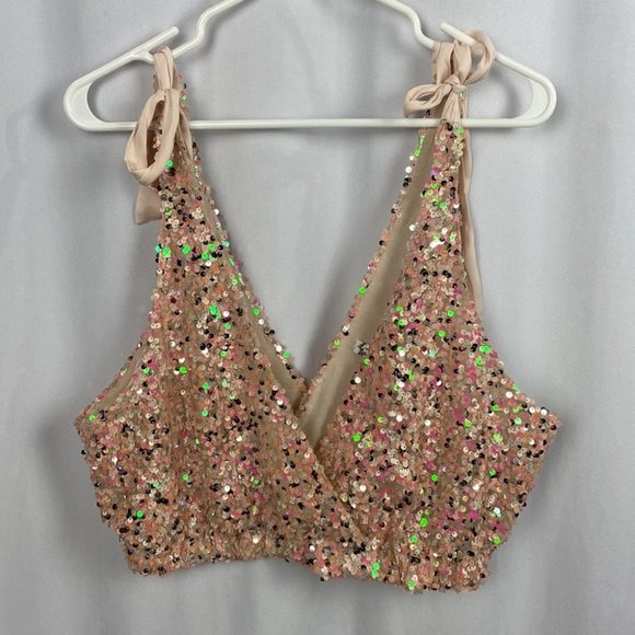Free People Big Night Sequin Crop Top - Champagne Rose - Size Large NWOT - Picture 5 of 13